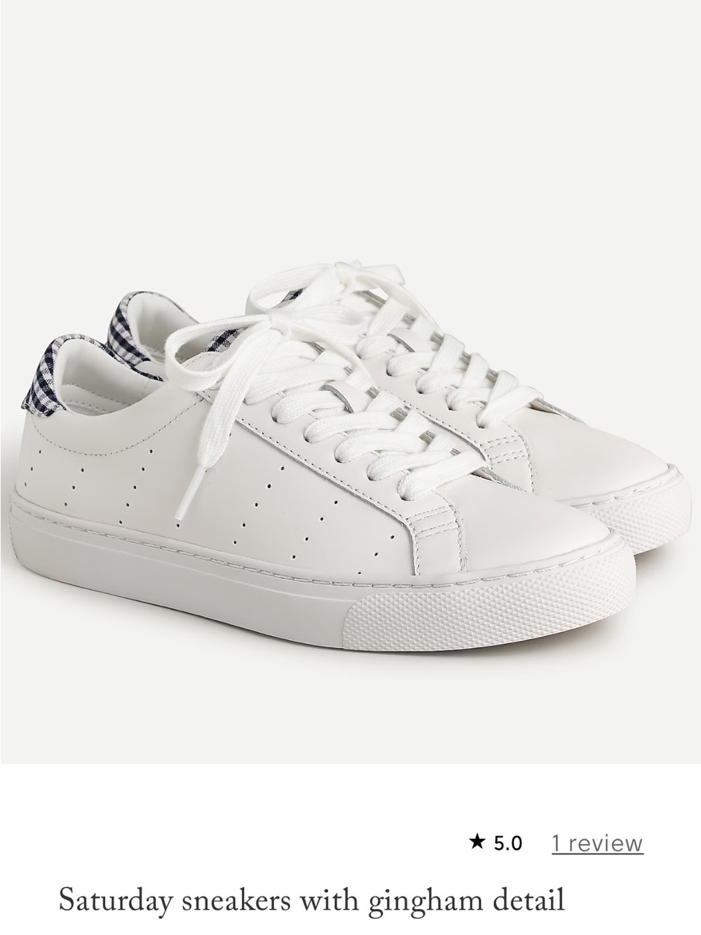 J Crew leather white Saturday Sneaker with gingham accents!